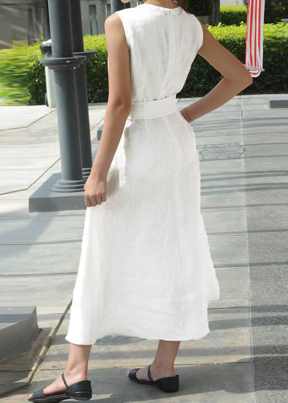 Style White O-Neck Patchwork Solid Tunic Cotton Maxi Dresses Sleeveless