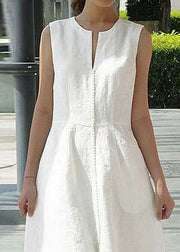 Style White O-Neck Patchwork Solid Tunic Cotton Maxi Dresses Sleeveless