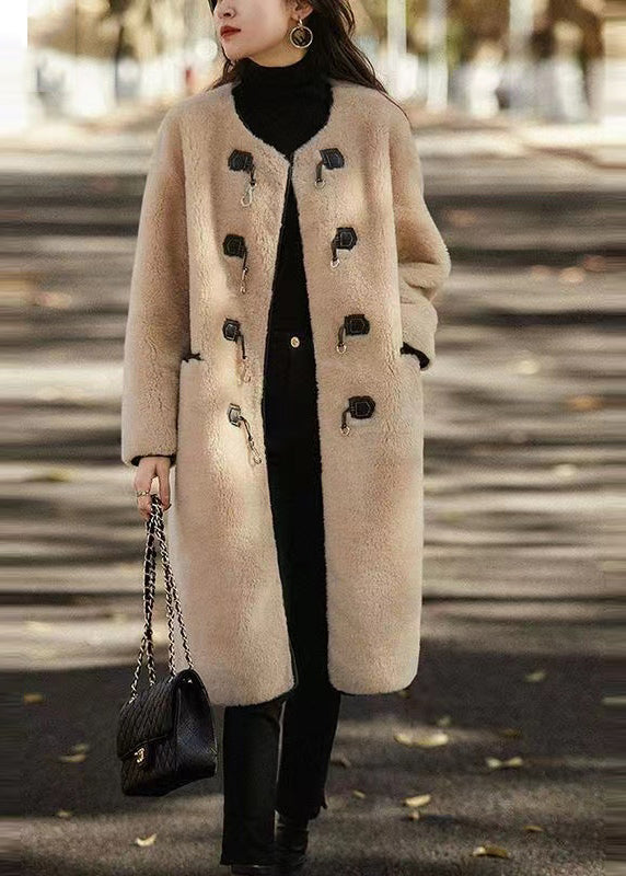 Style White O Neck Pockets Button Patchwork Wool Coat Winter