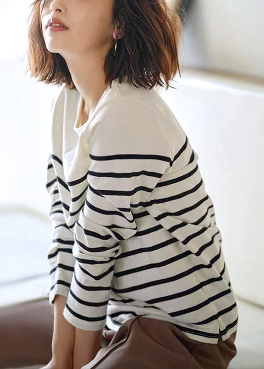 Style White O-Neck Striped Knit Cotton Top Long Sleeve