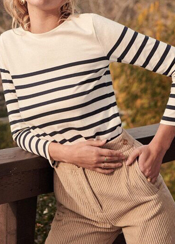 Style White O-Neck Striped Knit Cotton Top Long Sleeve
