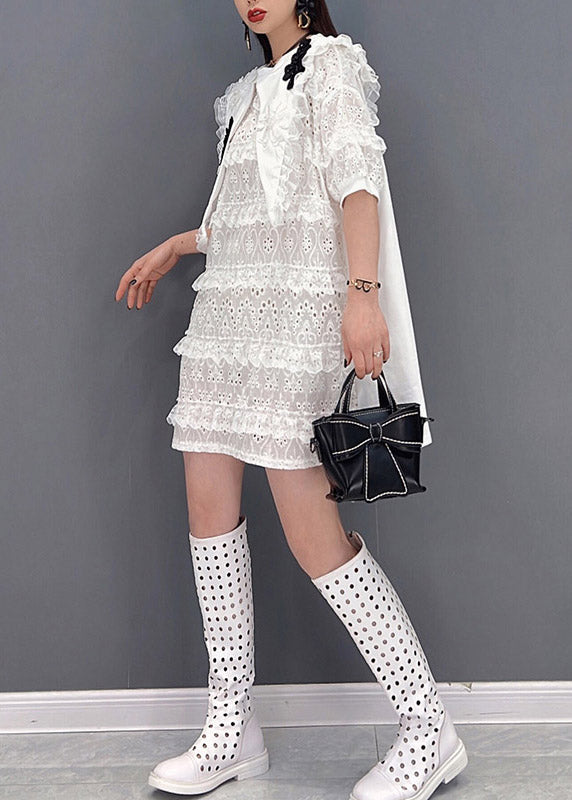 Style White O-Neck Tulle Patchwork Lace Layered Dresses Short Sleeve