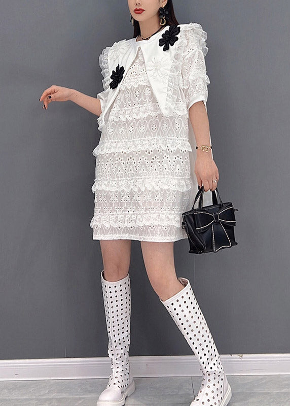 Style White O-Neck Tüll Patchwork Lace Layered Kleider Short Sleeve