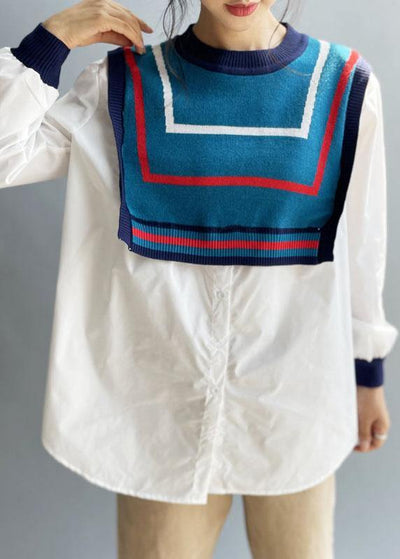 Style White Patchwork Knit Button Fall Tops Long sleeve - SooLinen