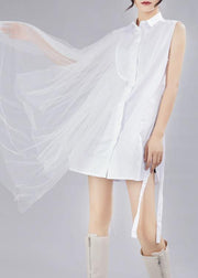 Style White Patchwork Lace asymmetrical design Cotton Shirt - SooLinen