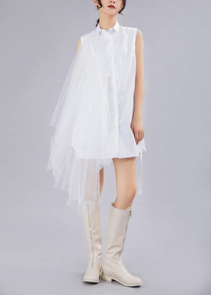 Style White Patchwork Lace asymmetrical design Cotton Shirt - SooLinen