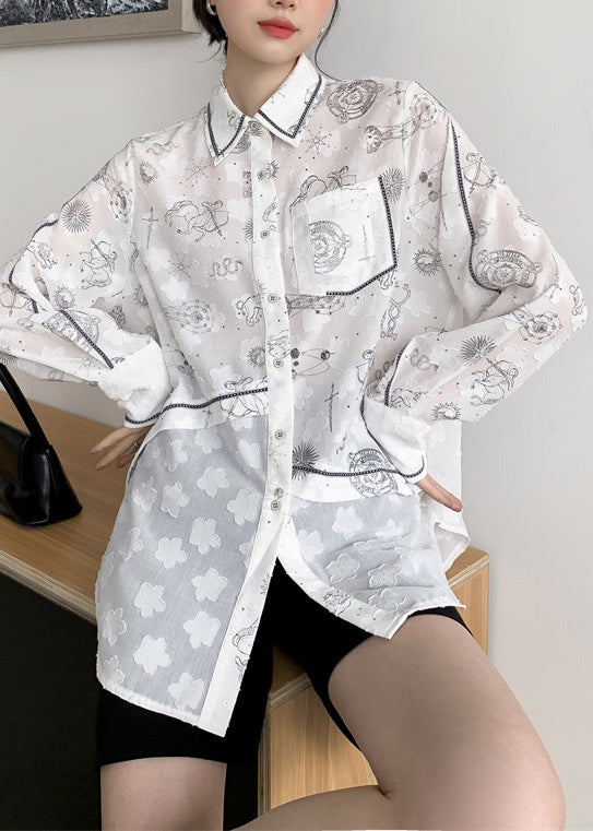 Style White Peter Pan Collar Print Button Shirts Long Sleeve