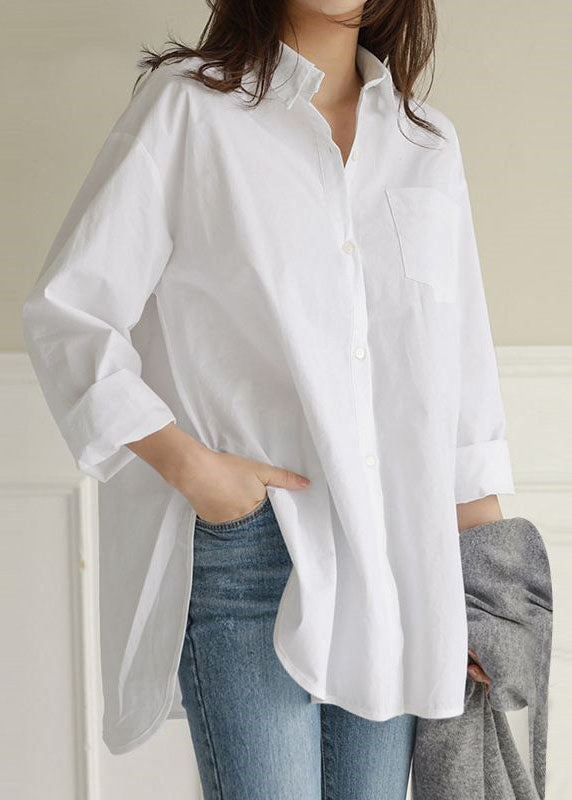 Style White Peter Pan Collar Side Open Cotton Shirt Tops Spring