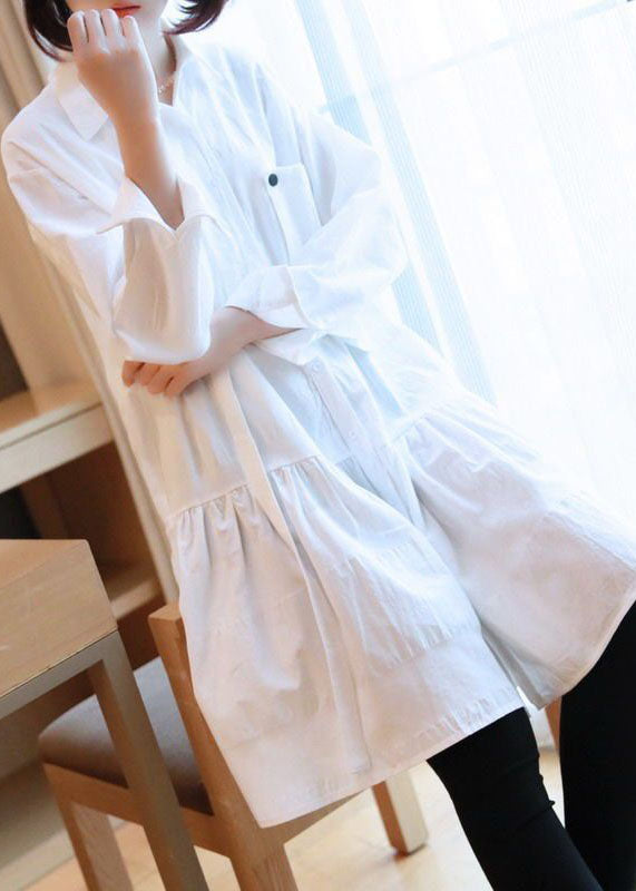 Style White Peter Pan Collar Wrinkled Cotton Maxi Dress Spring