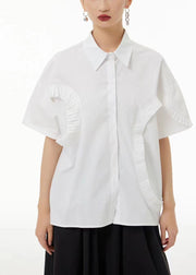 Style White Peter Pan Collar Wrinkled Cotton Shirt Top Summer