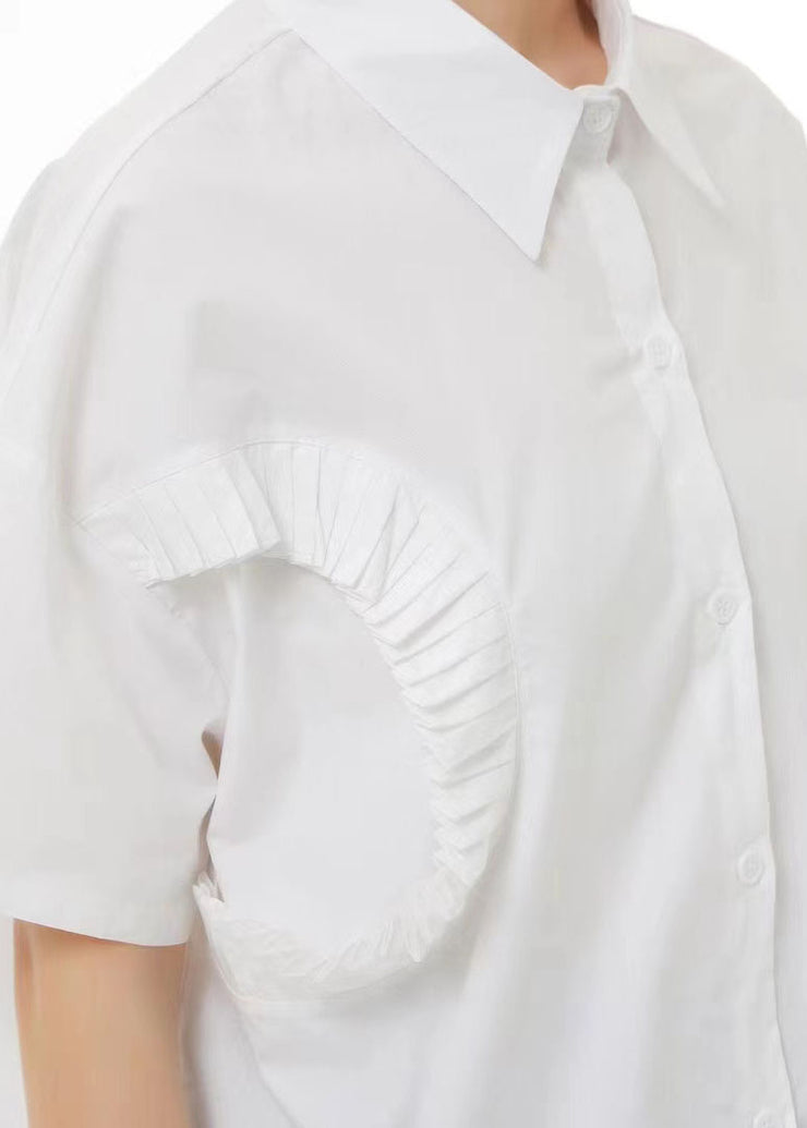 Style White Peter Pan Collar Wrinkled Cotton Shirt Top Summer
