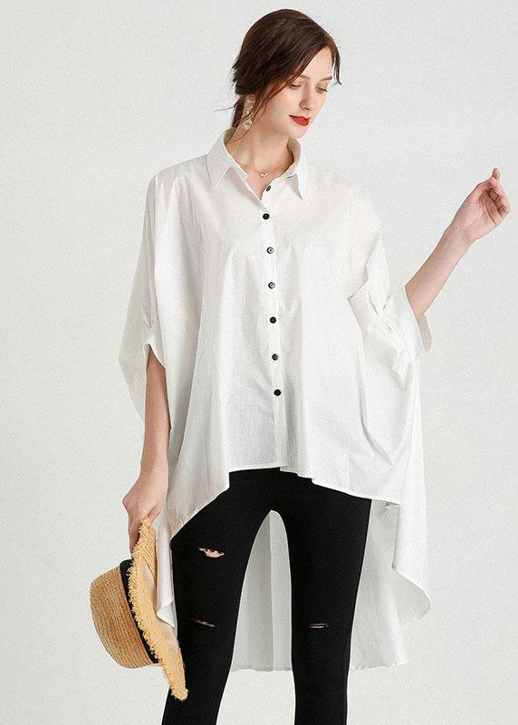 Style White PeterPan Collar Asymmetrical Design Summer Cotton Shirt Top Half Sleeve - SooLinen