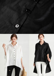 Style White PeterPan Collar Asymmetrical Design Summer Cotton Shirt Top Half Sleeve - SooLinen