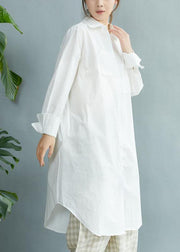 Style White PeterPan Collar Pockets Button Fall Asymmetrical Design Shirt Tops Long Sleeve - SooLinen