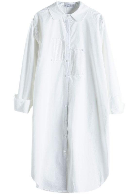 Style White PeterPan Collar Pockets Button Fall Asymmetrical Design Shirt Tops Long Sleeve - SooLinen