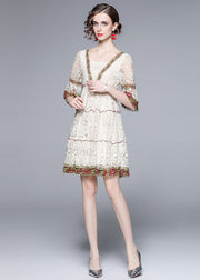 Style White Ruffled Embroidered Patchwork Lace Mid Dress Summer