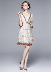 Style White Ruffled Embroidered Patchwork Lace Mid Dress Summer