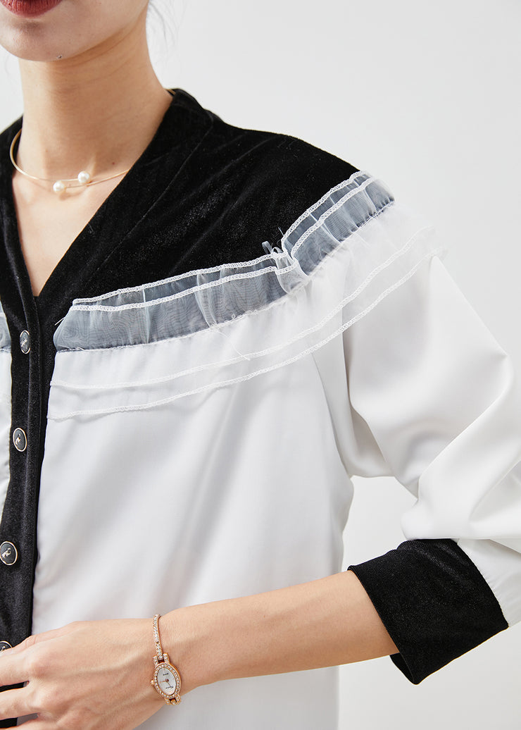 Style White Ruffled Patchwork Velour Spandex Shirt Top Fall