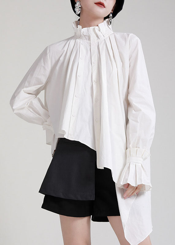 Style White Stand Collar Asymmetrical Wrinkled Cotton Shirts Long Sleeve