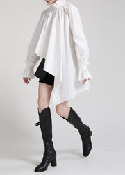 Style White Stand Collar Asymmetrical Wrinkled Cotton Shirts Long Sleeve