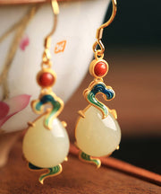 Style White Sterling Silver Jade Agate Enamel Xiangyun Drop Earrings
