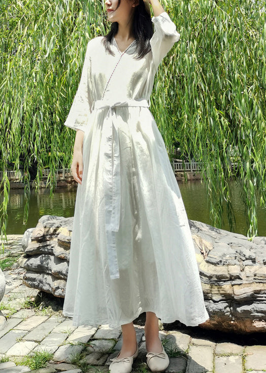 Style White Tie Waist Embroidered Pocket Cotton Long Dress Half Sleeve