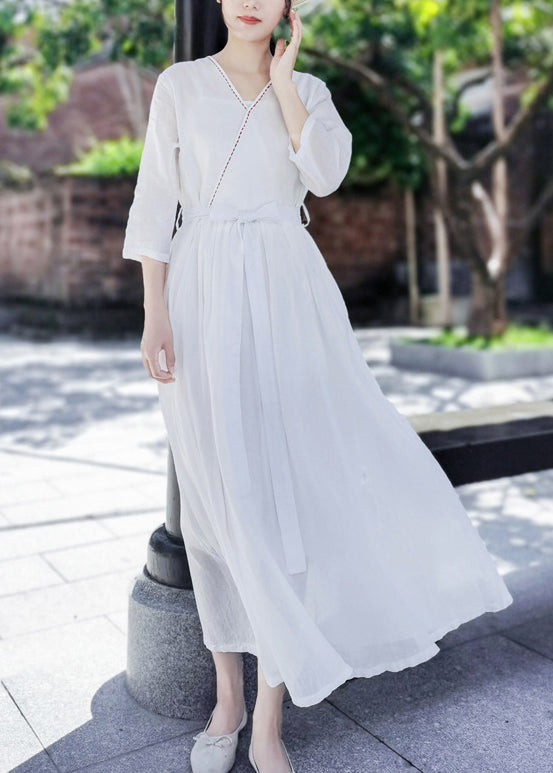 Style White Tie Waist Embroidered Pocket Cotton Long Dress Half Sleeve