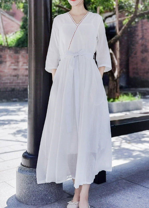 Style White Tie Taille Bestickte Tasche Cotton Long Dress Half Sleeve