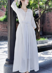 Style White Tie Taille Bestickte Tasche Cotton Long Dress Half Sleeve