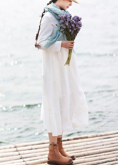 Style White Tunics For Women O Neck Ruffles Loose Spring Dress - SooLinen