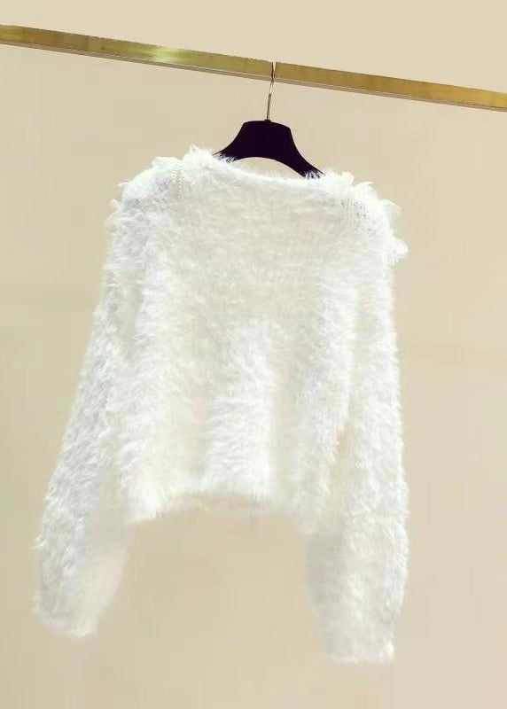 Style White V Neck Nail Bead Tassel Mink Hair Knitted Shirt Long Sleeve