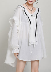 Style White V Neck Patchwork Cotton Tops Fall