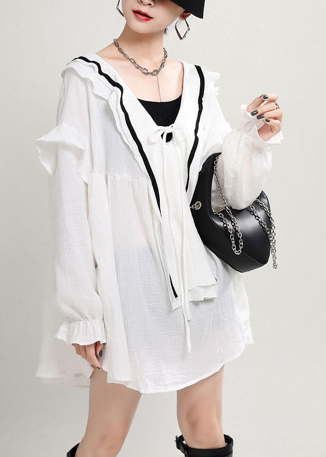 Style White V Neck Patchwork Cotton Tops Fall