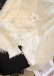 Style White V Neck Patchwork Mink Hair Knitted Cardigans Fall