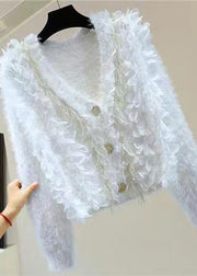 Style White V Neck Tasseled Patchwork Mink Hair Knitted Cardigan Fall
