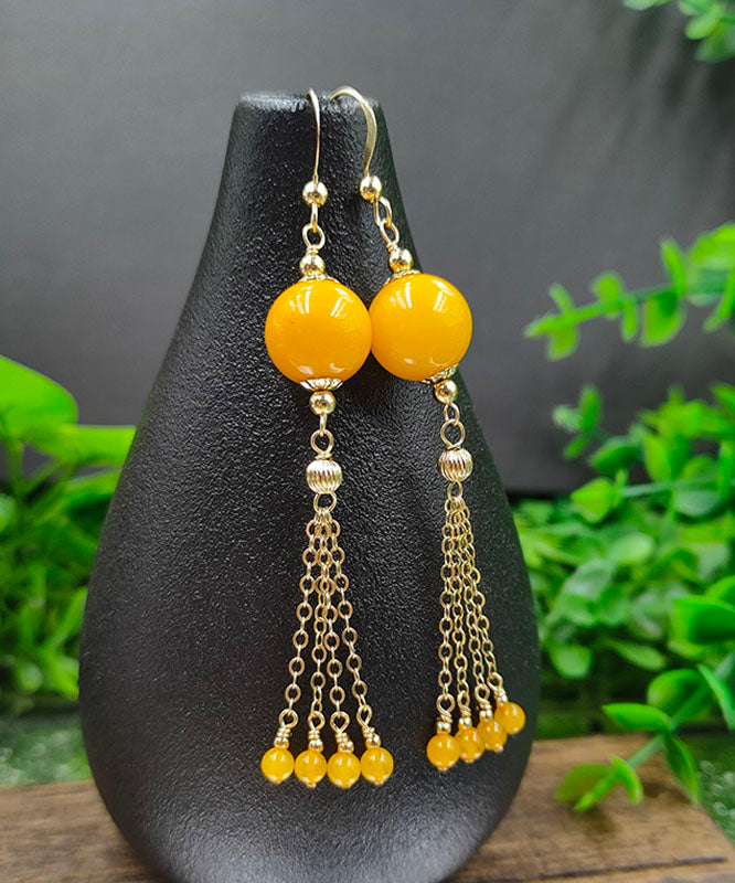 Style Yellow 14K Gold Amber Beeswax Chain Tassel Drop Earrings
