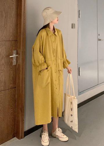 Style Yellow Dress Lapel Pockets Maxi Spring Dresses - SooLinen
