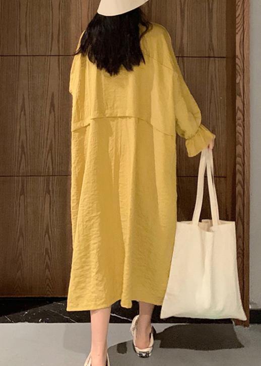 Style Yellow Dress Lapel Pockets Maxi Spring Dresses - SooLinen