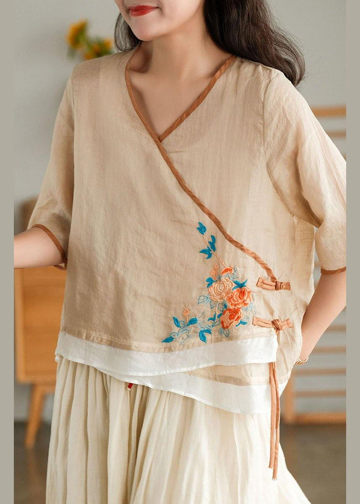 Style Yellow Embroideried Asymmetrical design Ramie Summer Blouses - SooLinen