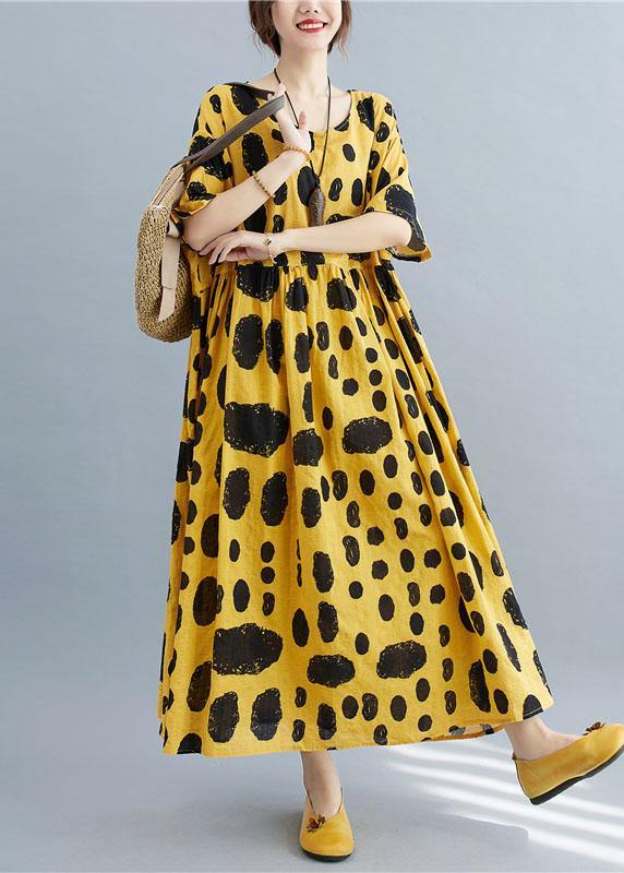 Style Yellow Loose O-Neck Print Summer Cotton Dress Half Sleeve - SooLinen