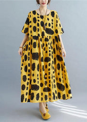 Style Yellow Loose O-Neck Print Summer Cotton Dress Half Sleeve - SooLinen