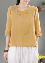 Style Yellow O-Neck Embroidered Linen Top Three Quarter sleeve