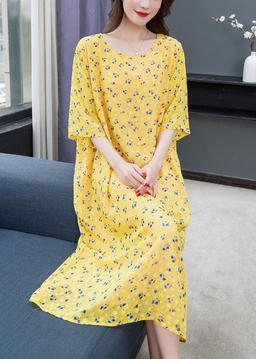 Style Yellow O Neck Print Patchwork Chiffon Dress Summer