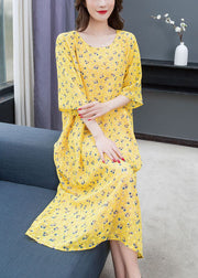 Style Yellow O Neck Print Patchwork Chiffon Dress Summer