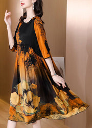 Style Yellow O Neck Wrinkled Patchwork Print Silk Dress Summer
