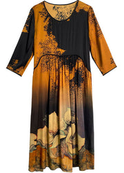 Style Yellow O Neck Wrinkled Patchwork Print Silk Dress Summer
