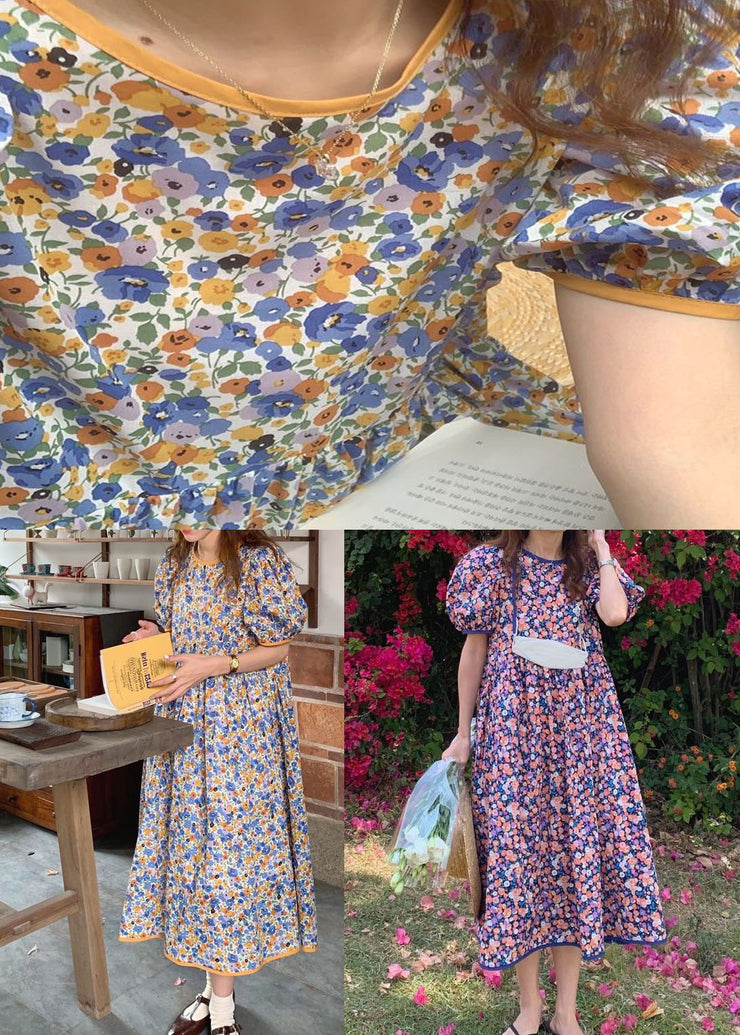Style Yellow O Neck Wrinkled Print Cotton Dresses Summer