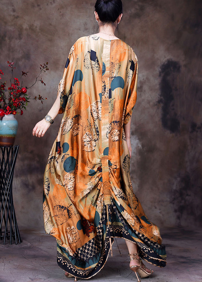 Style Yellow O-Neck Wrinkled Print Silk Women&