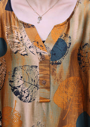Style Yellow O-Neck Wrinkled Print Silk Women's Long Dress Half Sleeve