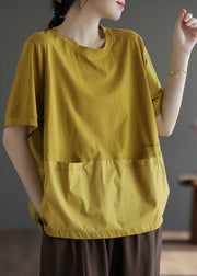 Style Yellow Oversized Patchwork Cotton Tops Short Sleeve